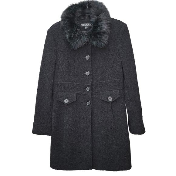 Vintage Giacca Black Pea Coat with Faux Fur Collar M - Picture 1 of 14